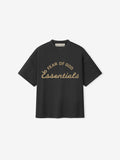 Black t-shirt with 'Fear of God Essentials' text on a white background