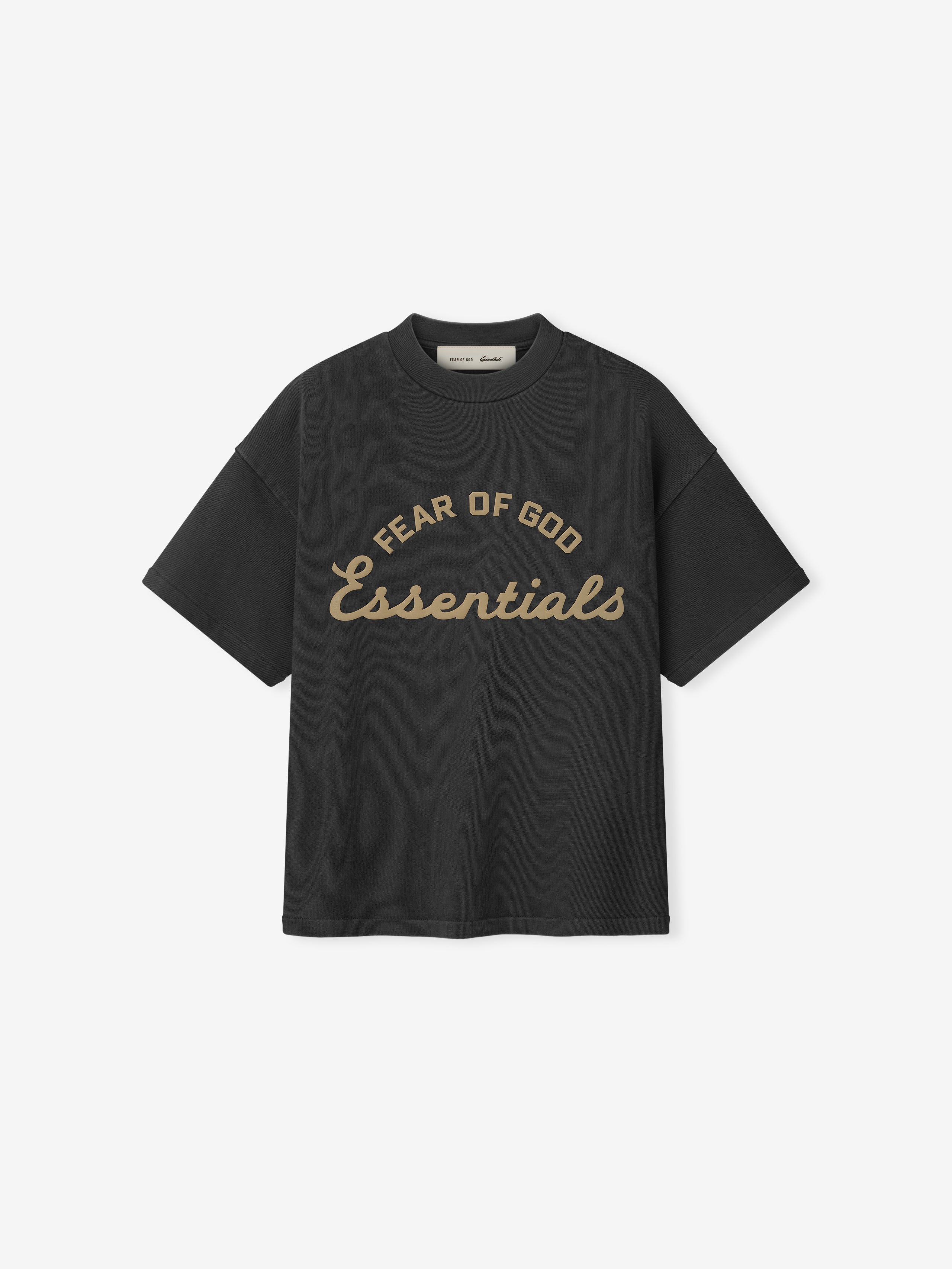 Black t-shirt with 'Fear of God Essentials' text on a white background