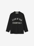 Front view of black long-sleeve shirt with white "FEAR OF GOD ESSENTIALS" text printed in arched layout