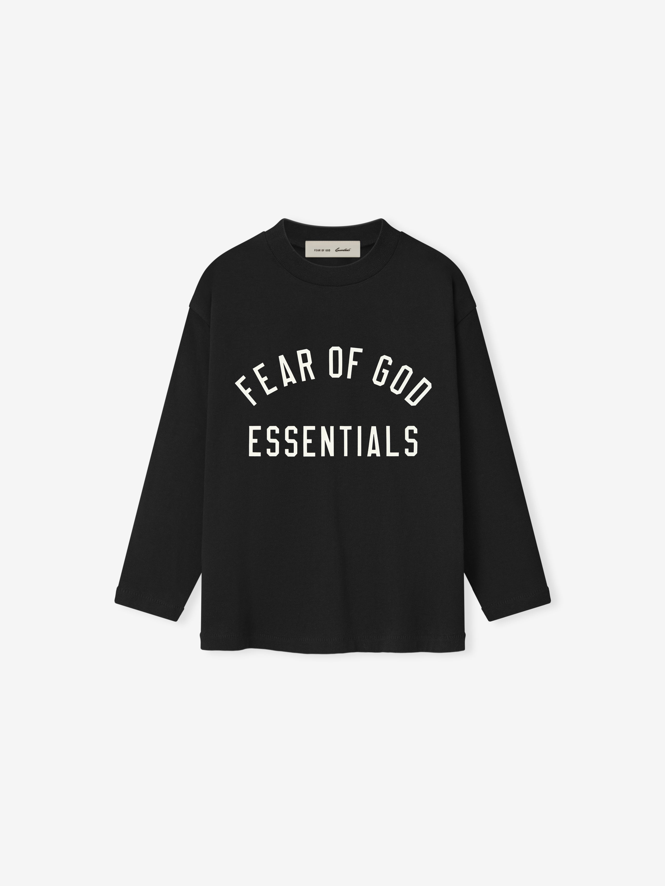 Front view of black long-sleeve shirt with white "FEAR OF GOD ESSENTIALS" text printed in arched layout