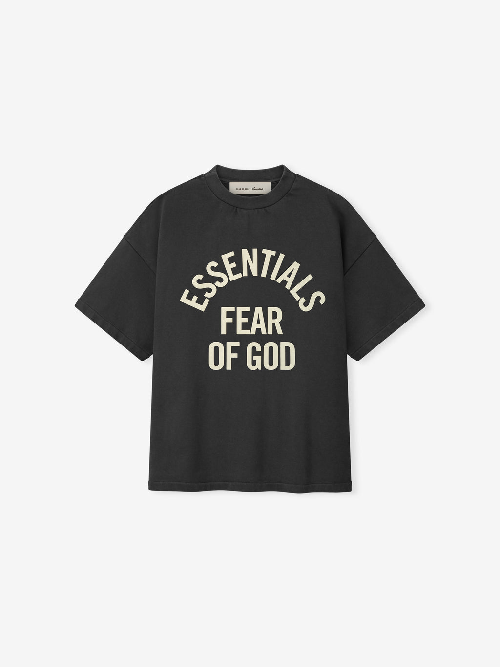 front view of black heavyweight cotton tee with cream Essentials Fear of God logo in oversized 90s fit