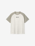  Baseball t-shirt with gray sleeves and white body on a light beige background