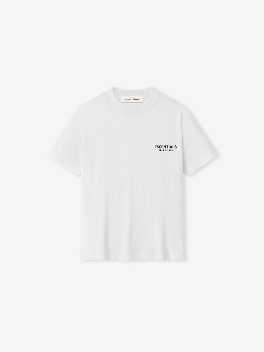 White t-shirt with black text on a white background