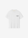 White t-shirt with black text on a white background