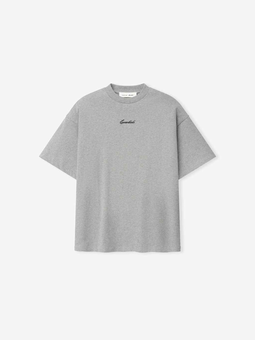 Kids Signature 90s Tee in concrete heather gray with a relaxed fit and small black cursive Essentials logo centered on soft cotton fabric, suitable for casual wear.
