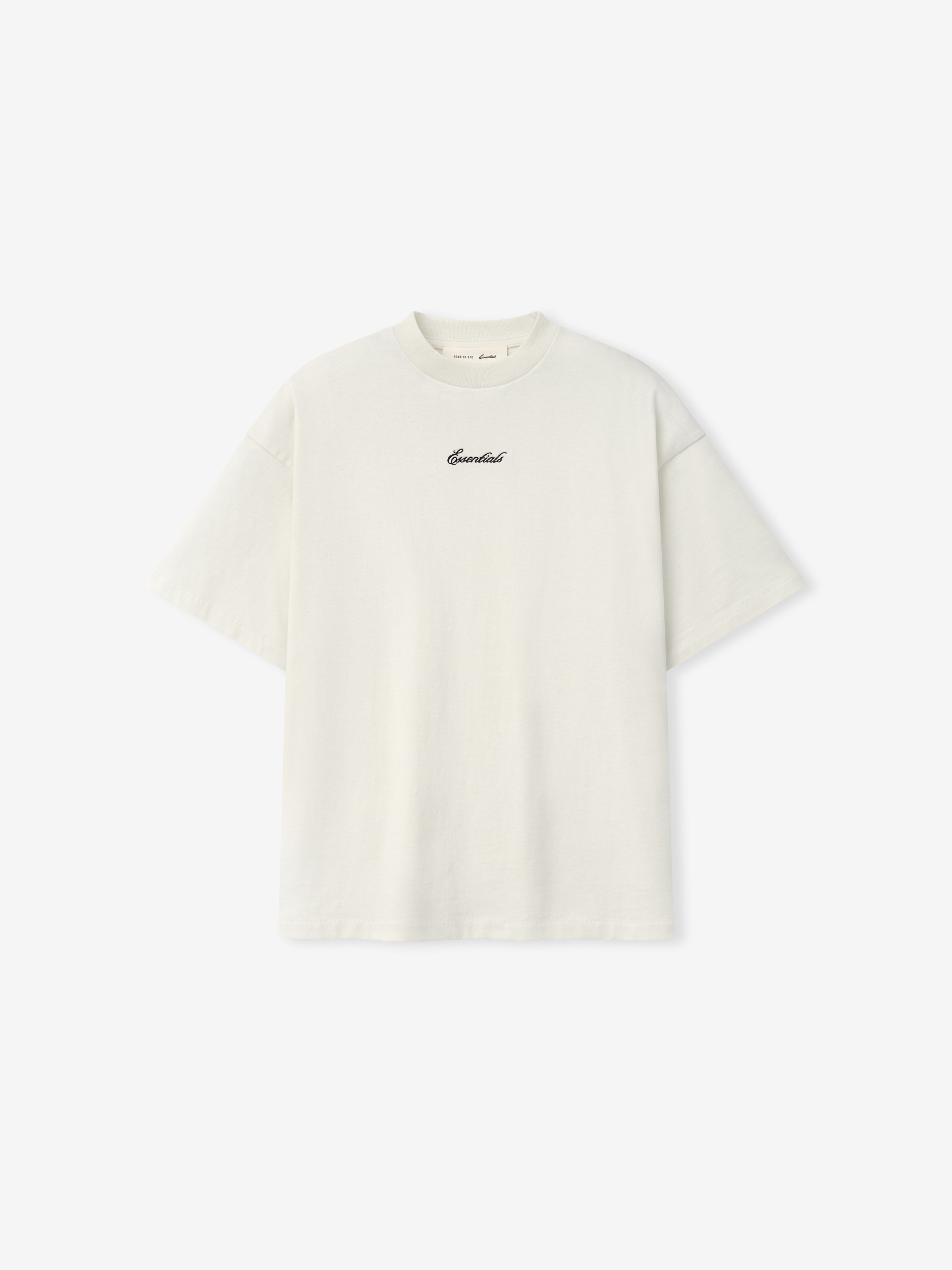Kids Signature 90s Tee in a soft ivory fabric with a relaxed fit, featuring black cursive Essentials embroidery on the chest for a timeless casual kids' top.