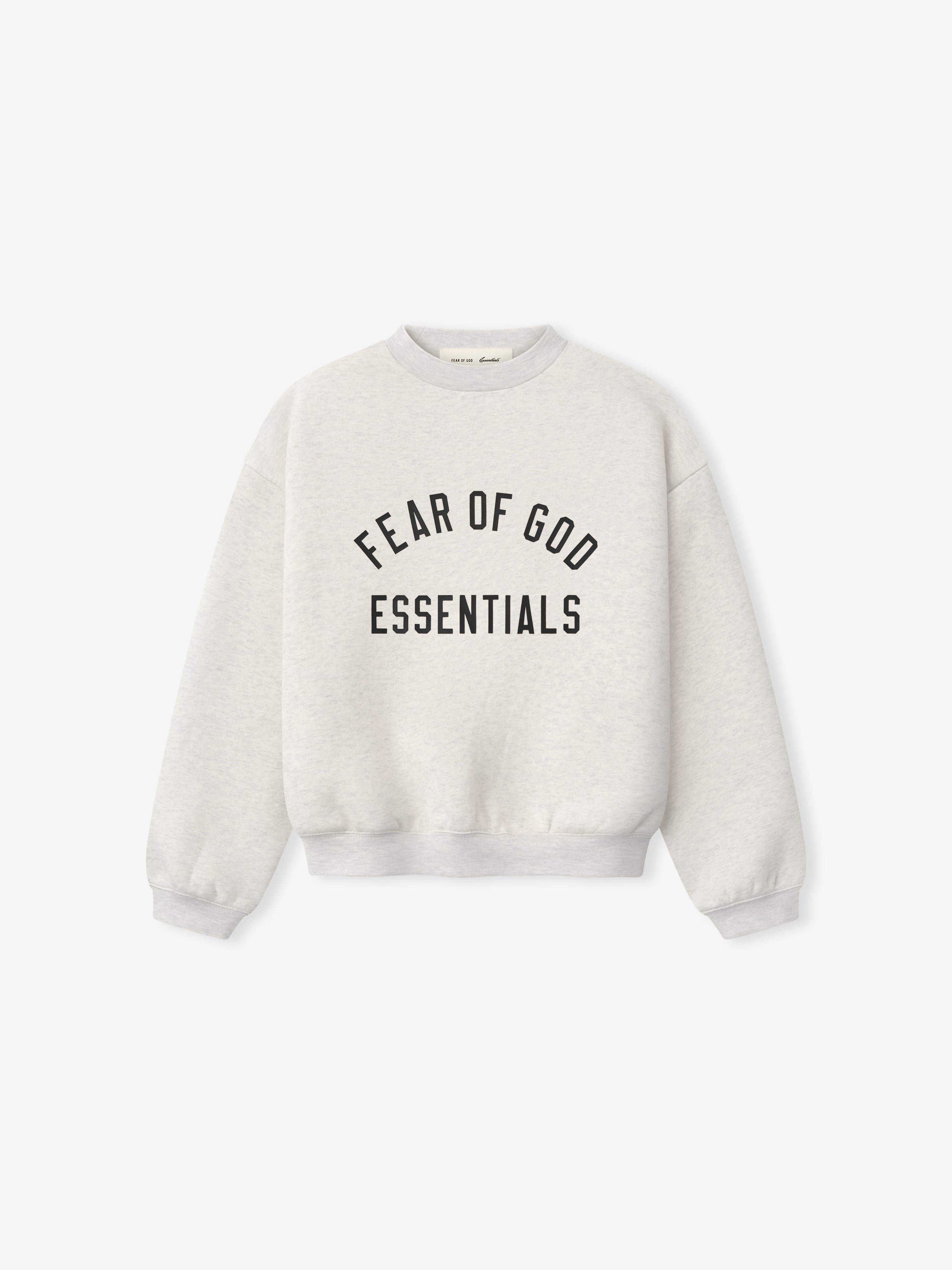 Light gray crewneck sweatshirt with black "FEAR OF GOD ESSENTIALS" text printed in arched style on front panel