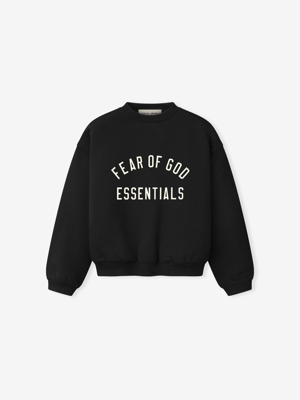 Black crewneck sweatshirt with ribbed cuffs and waistband, featuring white "FEAR OF GOD ESSENTIALS" text on front center