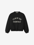 Black crewneck sweatshirt with ribbed cuffs and waistband, featuring white "FEAR OF GOD ESSENTIALS" text on front center