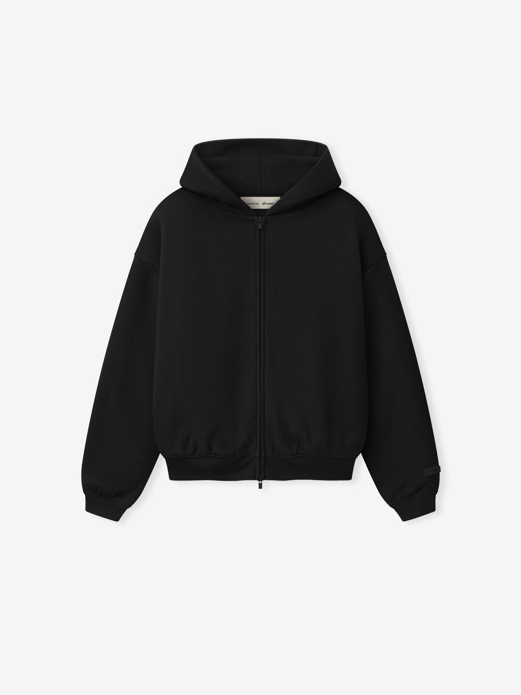 front view of black kids full zip hoodie with hood, long sleeves, and ribbed cuffs and waistband