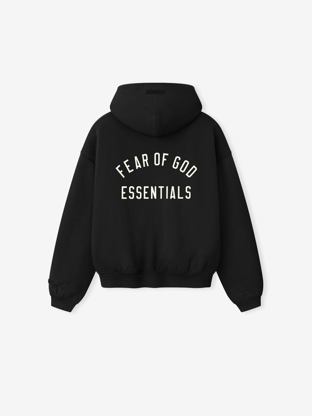 rear view of black kids full zip hoodie with hood, ribbed cuffs and hem, and Fear of God Essentials logo print on back