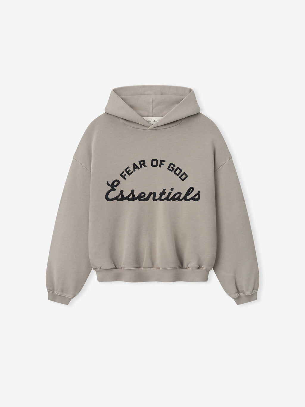 front view of kids hoodie in muted beige with Fear of God Essentials logo printed in black text across chest