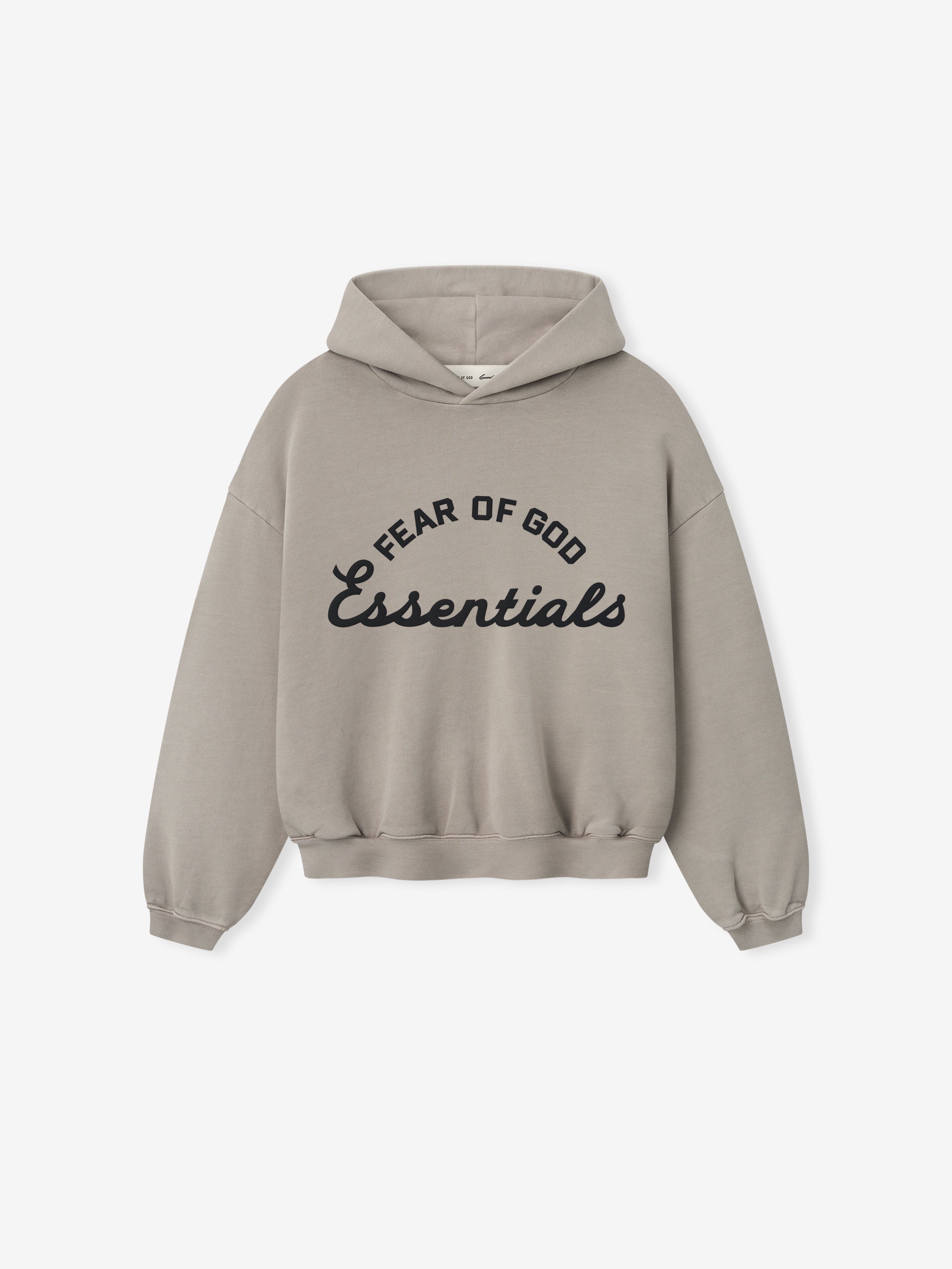 front view of kids hoodie in muted beige with Fear of God Essentials logo printed in black text across chest
