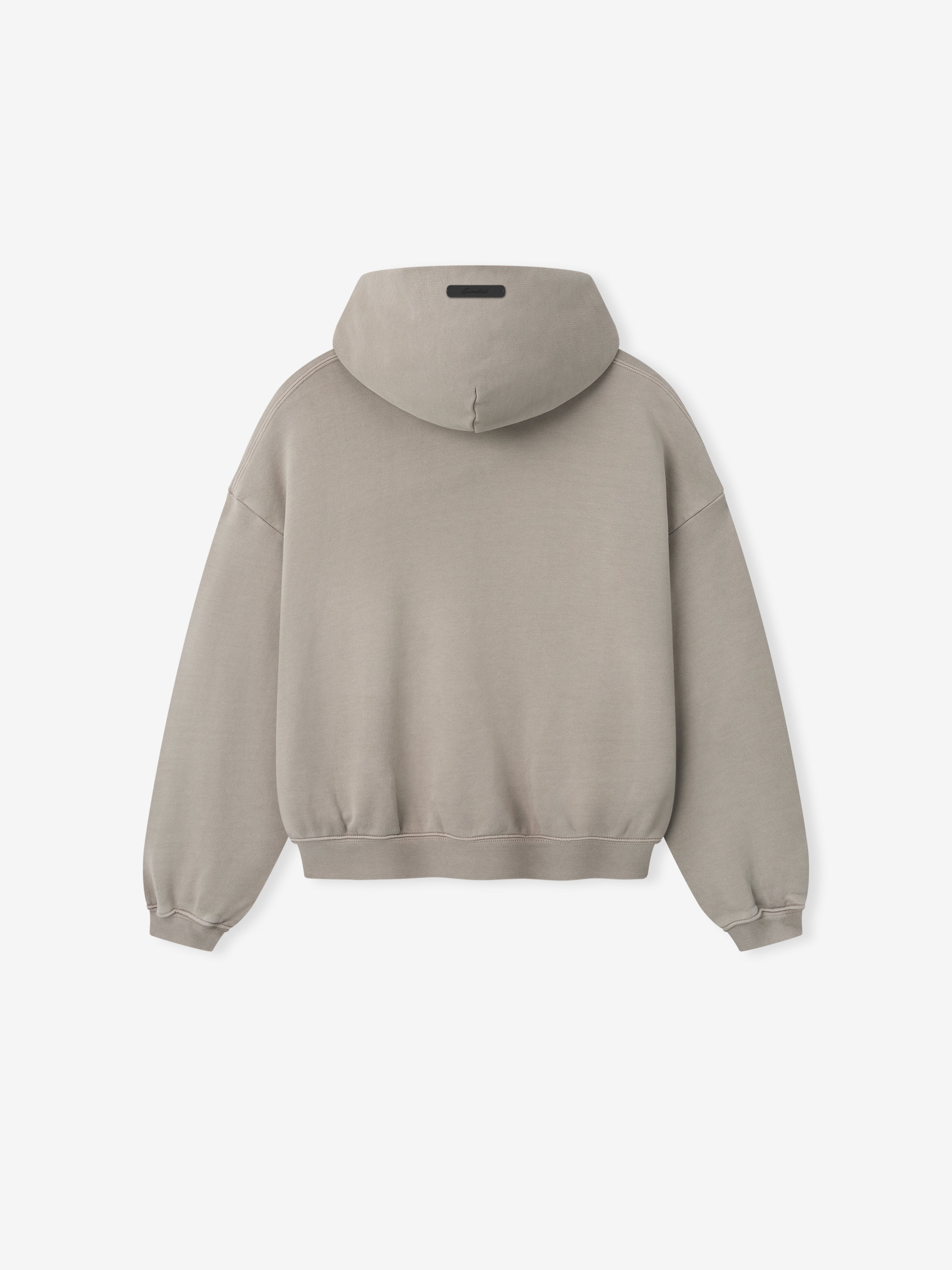 back view of muted beige kids hoodie with ribbed cuffs and hem in heavyweight cotton fleece fabric