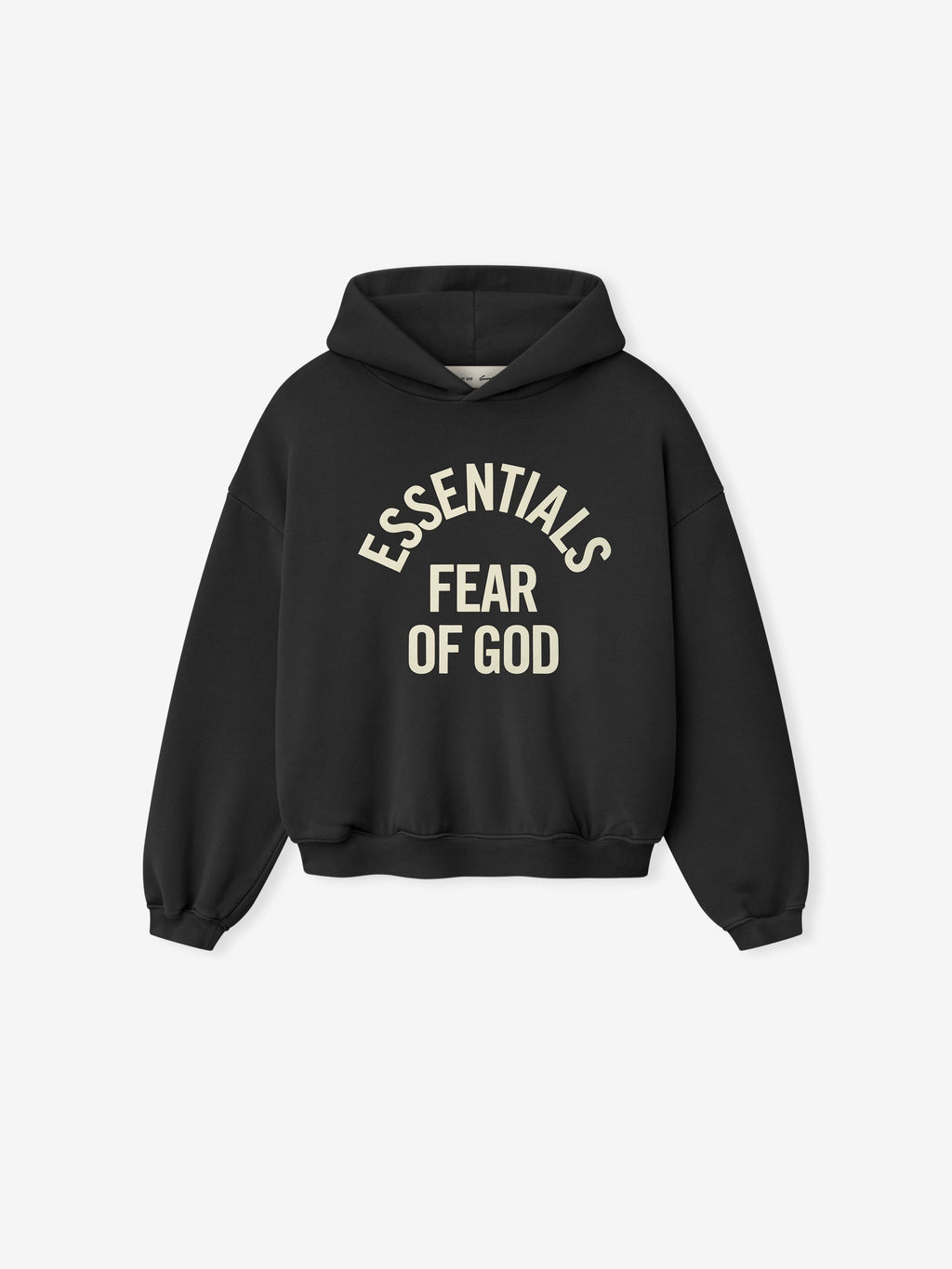 black cropped kids hoodie with cream Essentials Fear of God text printed in arched design on front