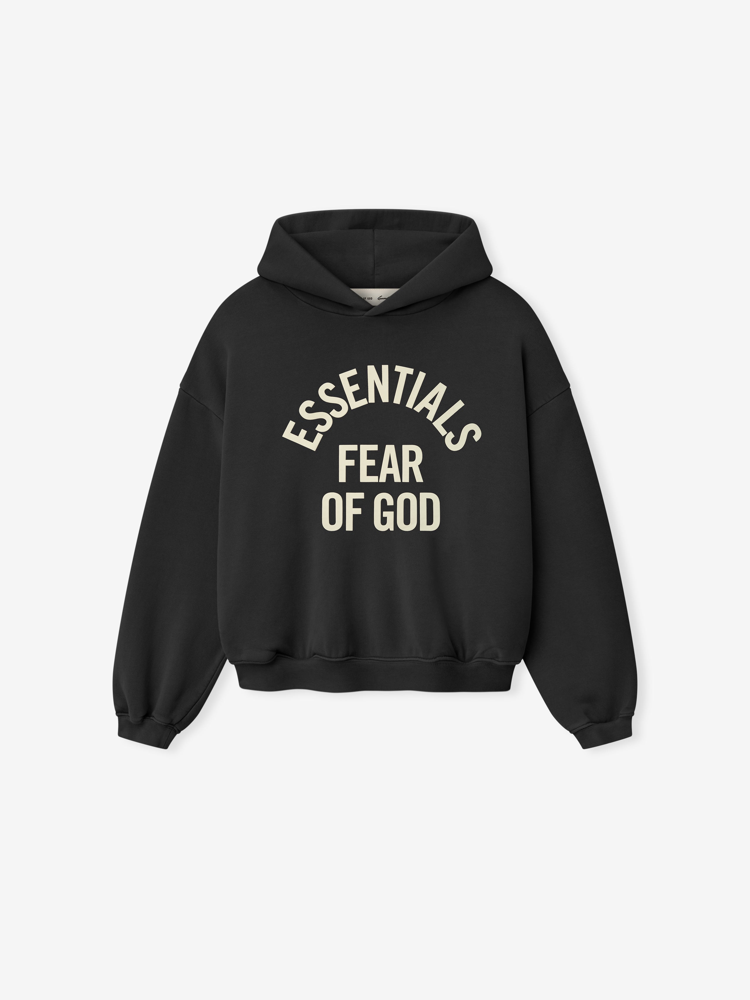 black cropped kids hoodie with cream Essentials Fear of God text printed in arched design on front