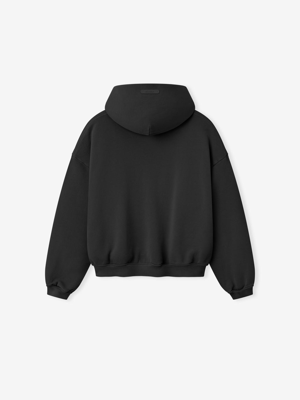back view of black cropped kids hoodie with ribbed cuffs and waistband in heavyweight cotton fleece fabric