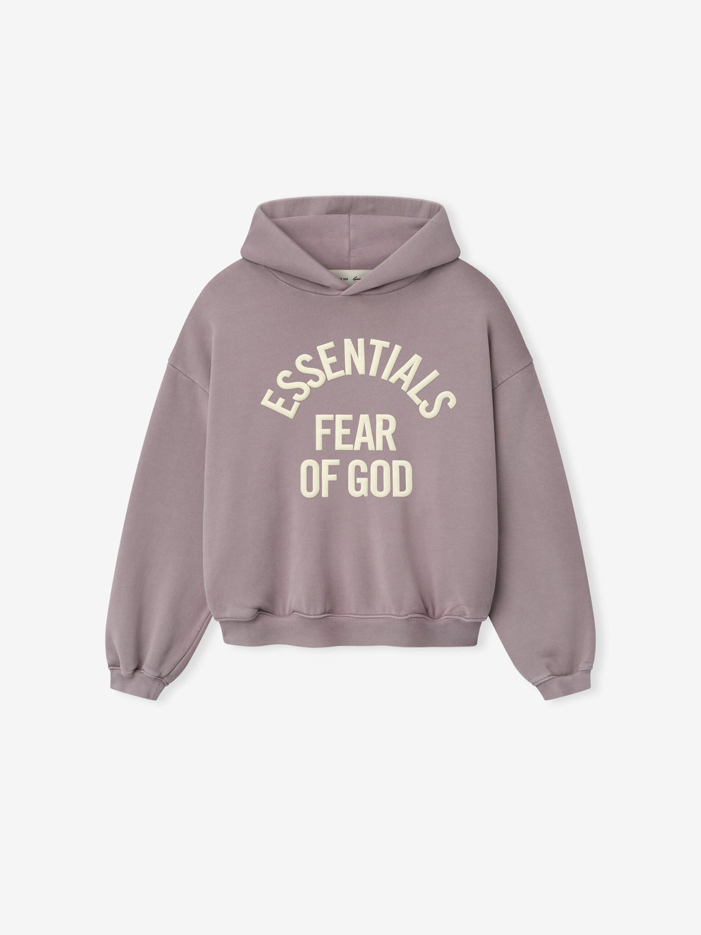 front view of muted mauve kids hoodie with cream Essentials Fear of God text printed in arched layout