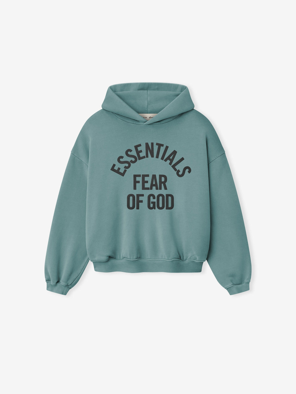 front view of teal cropped kids hoodie with black Essentials Fear of God text printed in arched layout