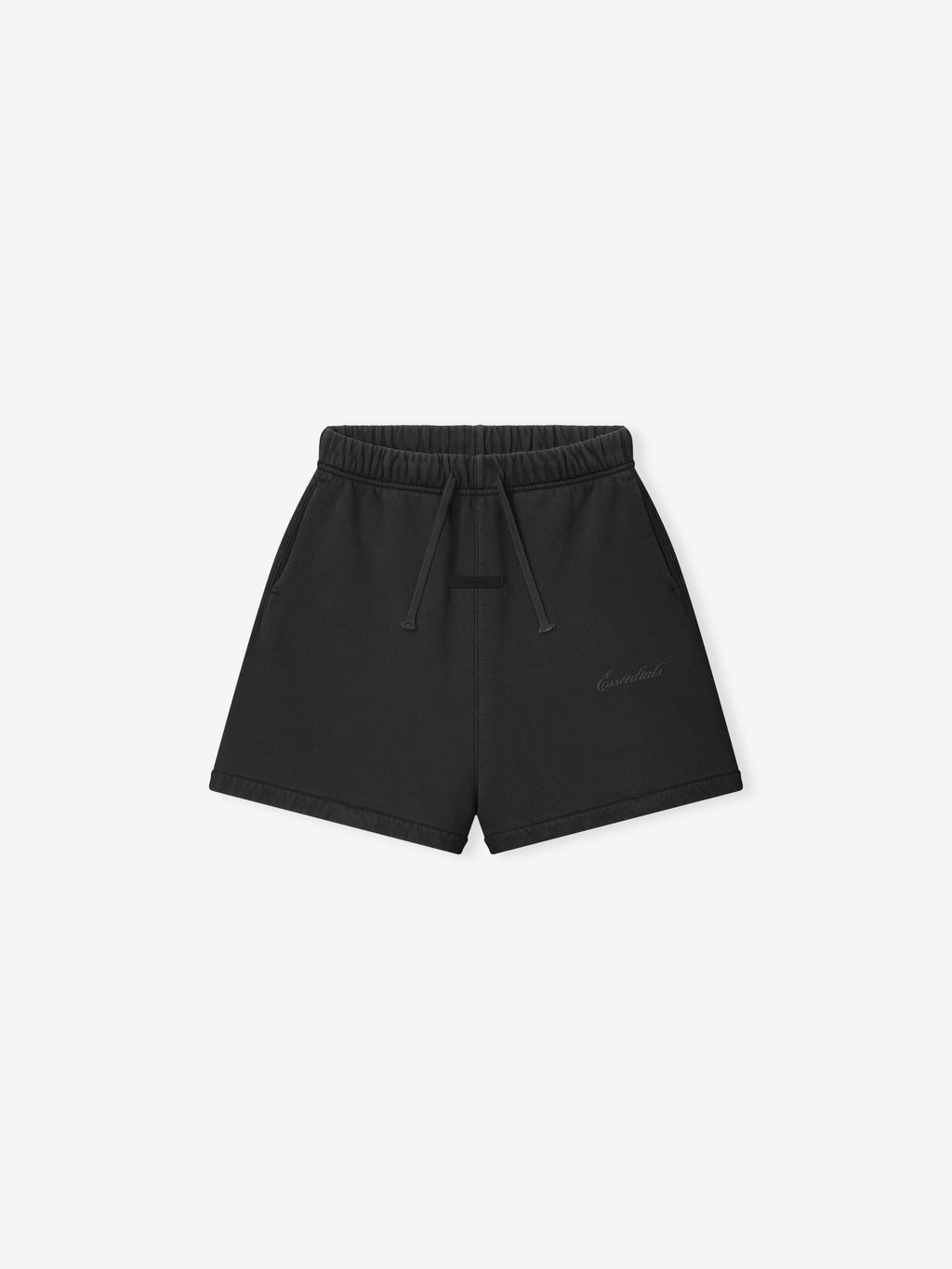 black kids mid-length sweatshorts in 390GSM cotton fleece with elastic waistband, drawstring, and vintage-inspired pigment dye finish