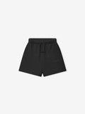 black kids mid-length sweatshorts in 390GSM cotton fleece with elastic waistband, drawstring, and vintage-inspired pigment dye finish