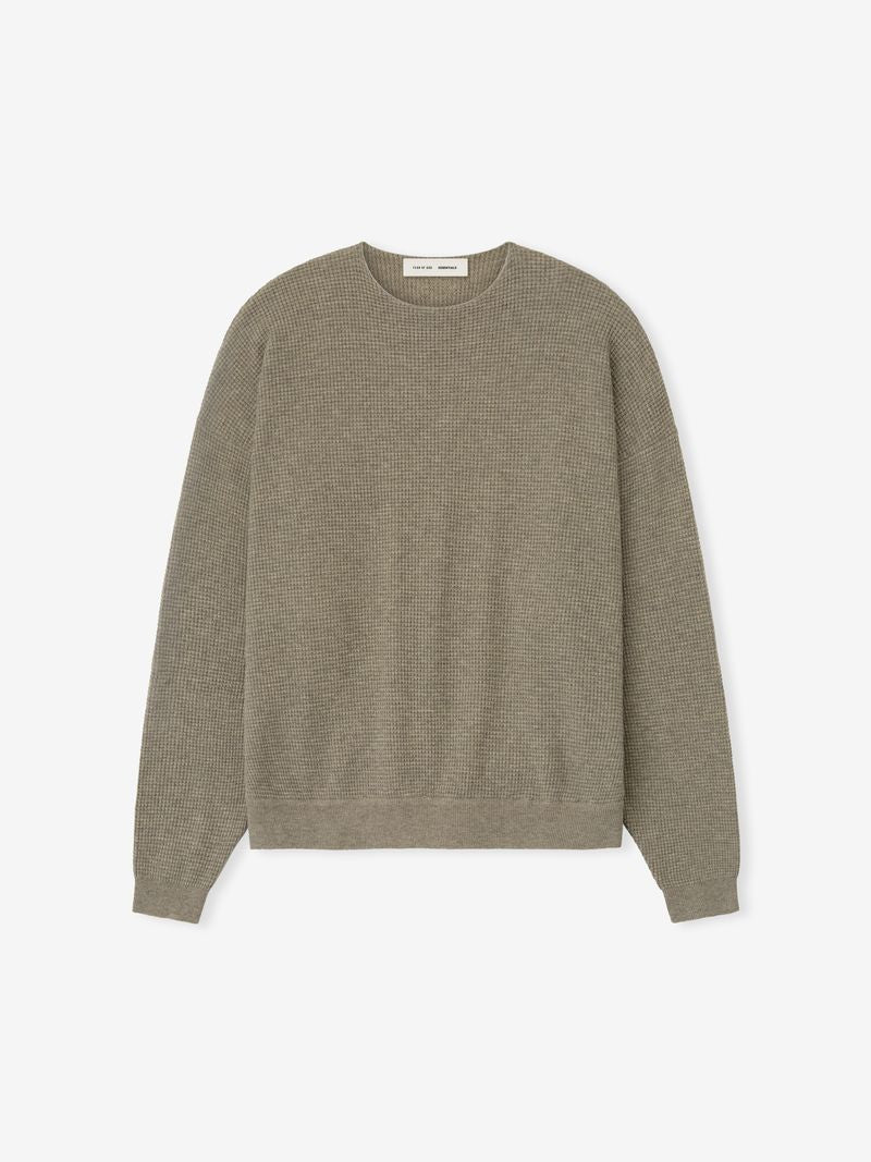 Top view flat lay of taupe Waffle Crewneck 90s Sweater showing textured knit pattern and neckline label visible
