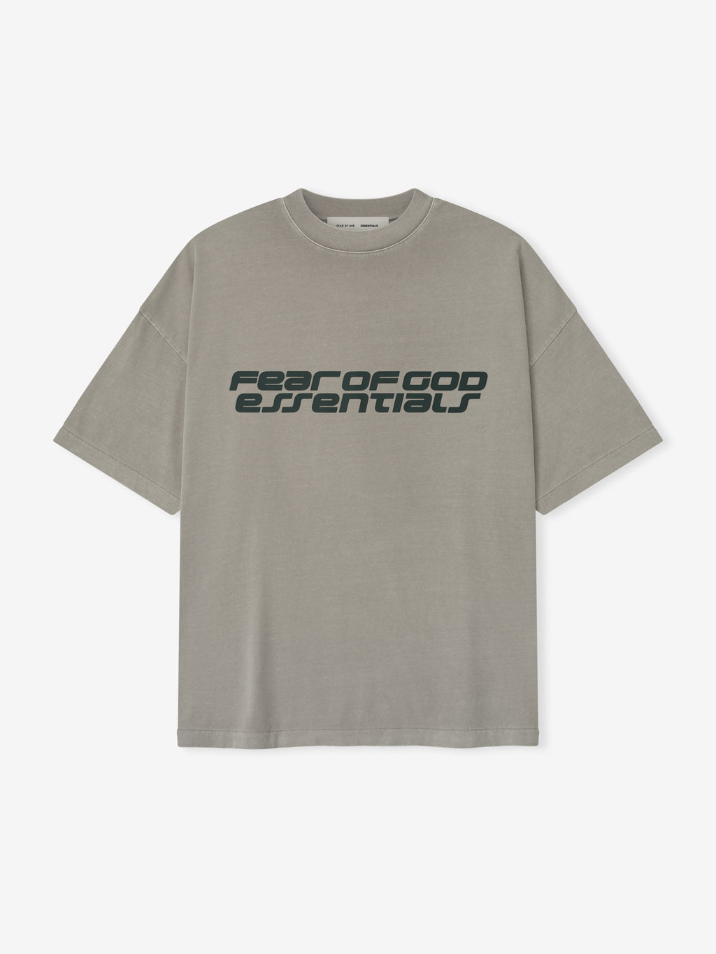 Smoke grey Fear of God Essentials 90s Tee with black futuristic logo text front, flat lay, first gallery image
