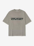 Smoke grey Fear of God Essentials 90s Tee with black futuristic logo text front, flat lay, first gallery image