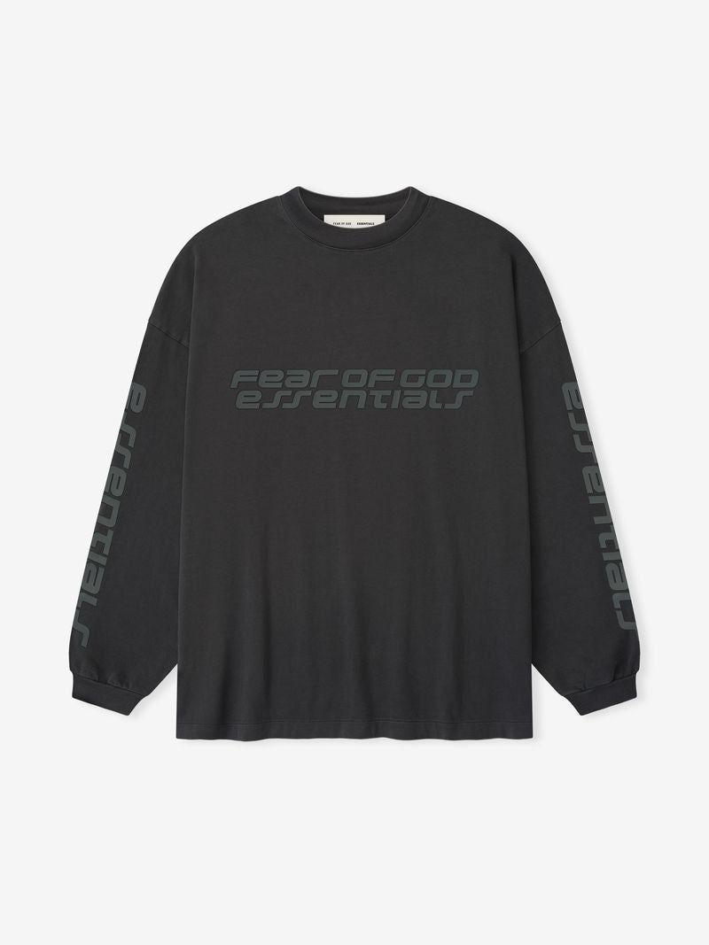 Front view of black 90s Long Sleeve Tee with tonal Fear of God Essentials logo across chest and sleeves, gallery 0 A7OnsEVA.jpg