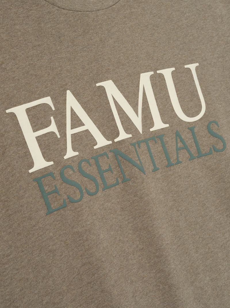 Close-up of brown FAMU 90s Tee showing large white FAMU and teal ESSENTIALS text, file AcRTsRSw.jpg gallery 0
