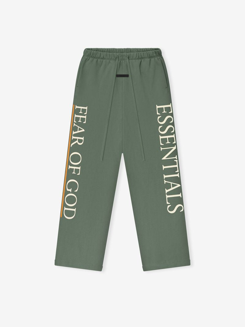 Front view of olive green FAMU Lounge Sweatpant with large cream ESSENTIALS and FEAR OF GOD vertical text and orange side stripe