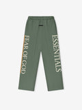 Front view of olive green FAMU Lounge Sweatpant with large cream ESSENTIALS and FEAR OF GOD vertical text and orange side stripe