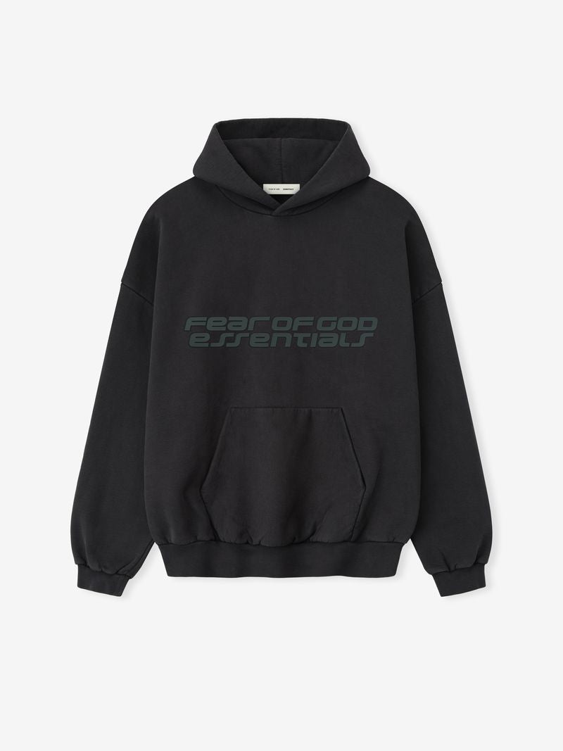 Front view of black Heavy Fleece 90s Hoodie with subtle Fear of God Essentials print across chest F2KKJFVg.jpg gallery 0