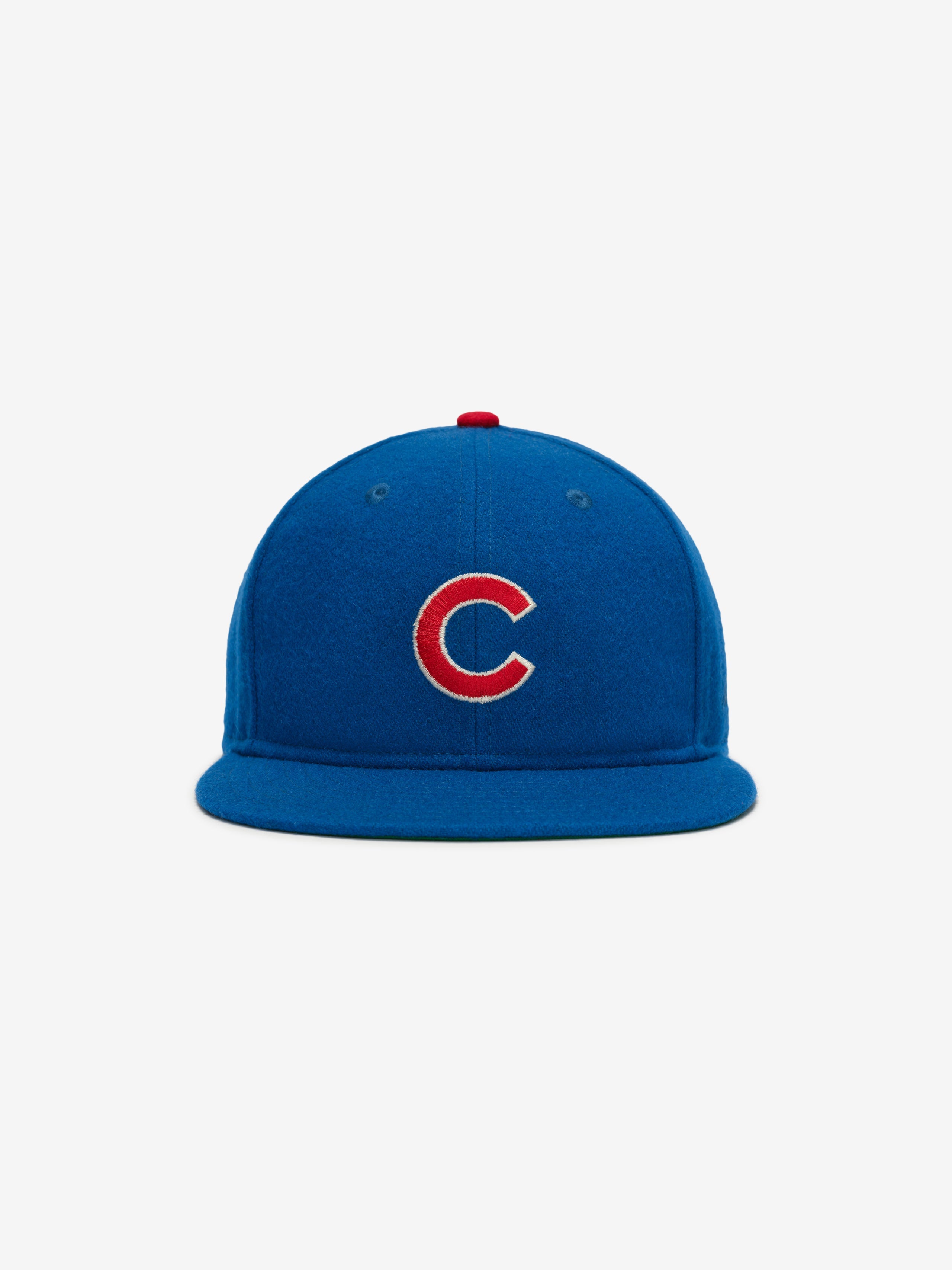 Front view of Chicago Cubs Wool Retro Crown 59FIFTY fitted cap with red embroidered C and red button top, gallery image 0