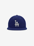 Head-on shot of Los Angeles Dodgers Wool Retro Crown 59FIFTY fitted cap with white LA emblem and flat brim