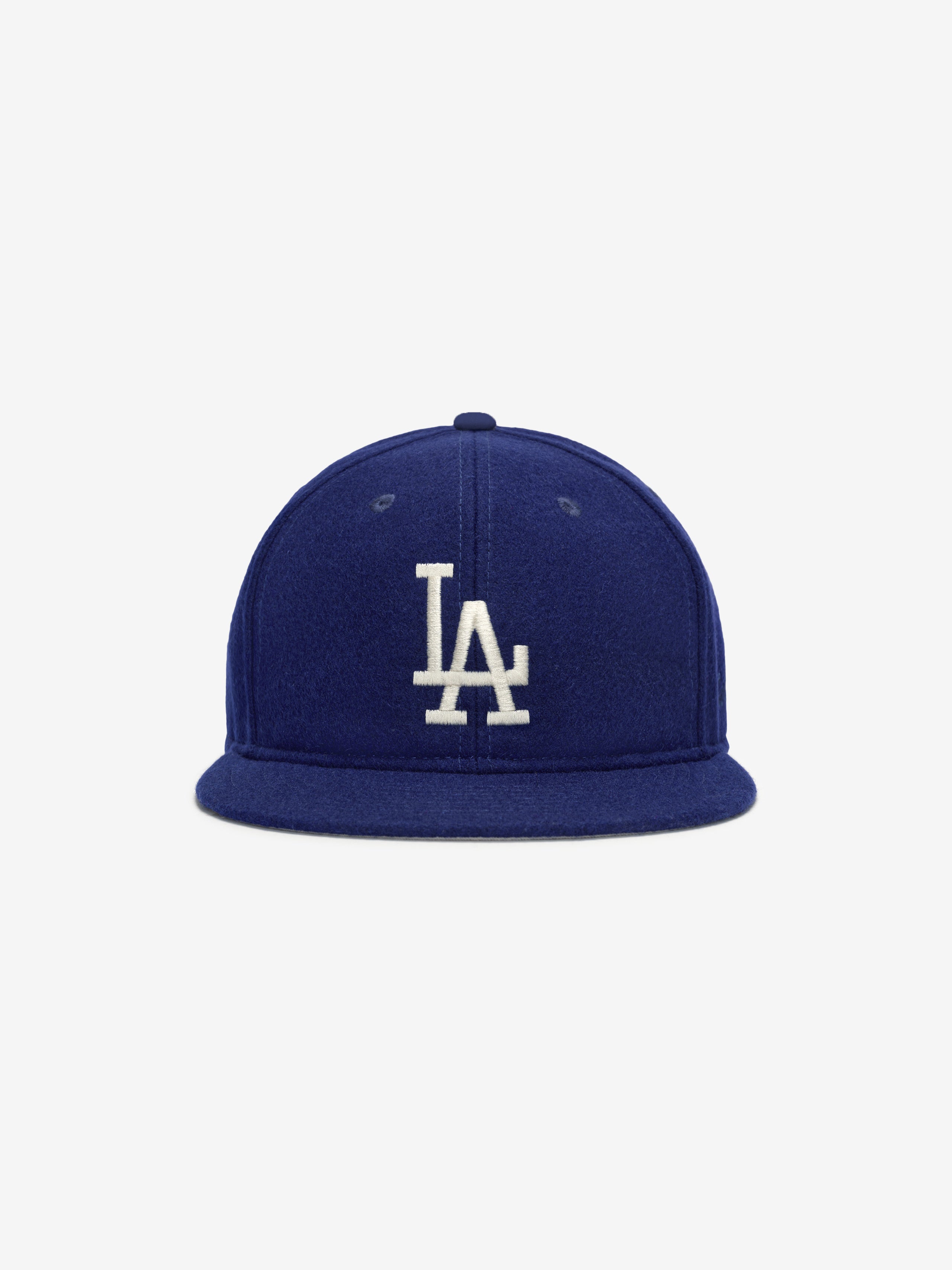 Head-on shot of Los Angeles Dodgers Wool Retro Crown 59FIFTY fitted cap with white LA emblem and flat brim