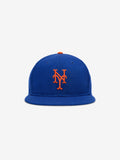 Front view of royal blue New York Mets Wool Retro Crown 59FIFTY fitted cap with bright orange NY logo and button on top