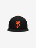Head-on view of black San Francisco Wool Retro Crown 59FIFTY fitted cap with bright orange SF logo and button top, gallery image 0