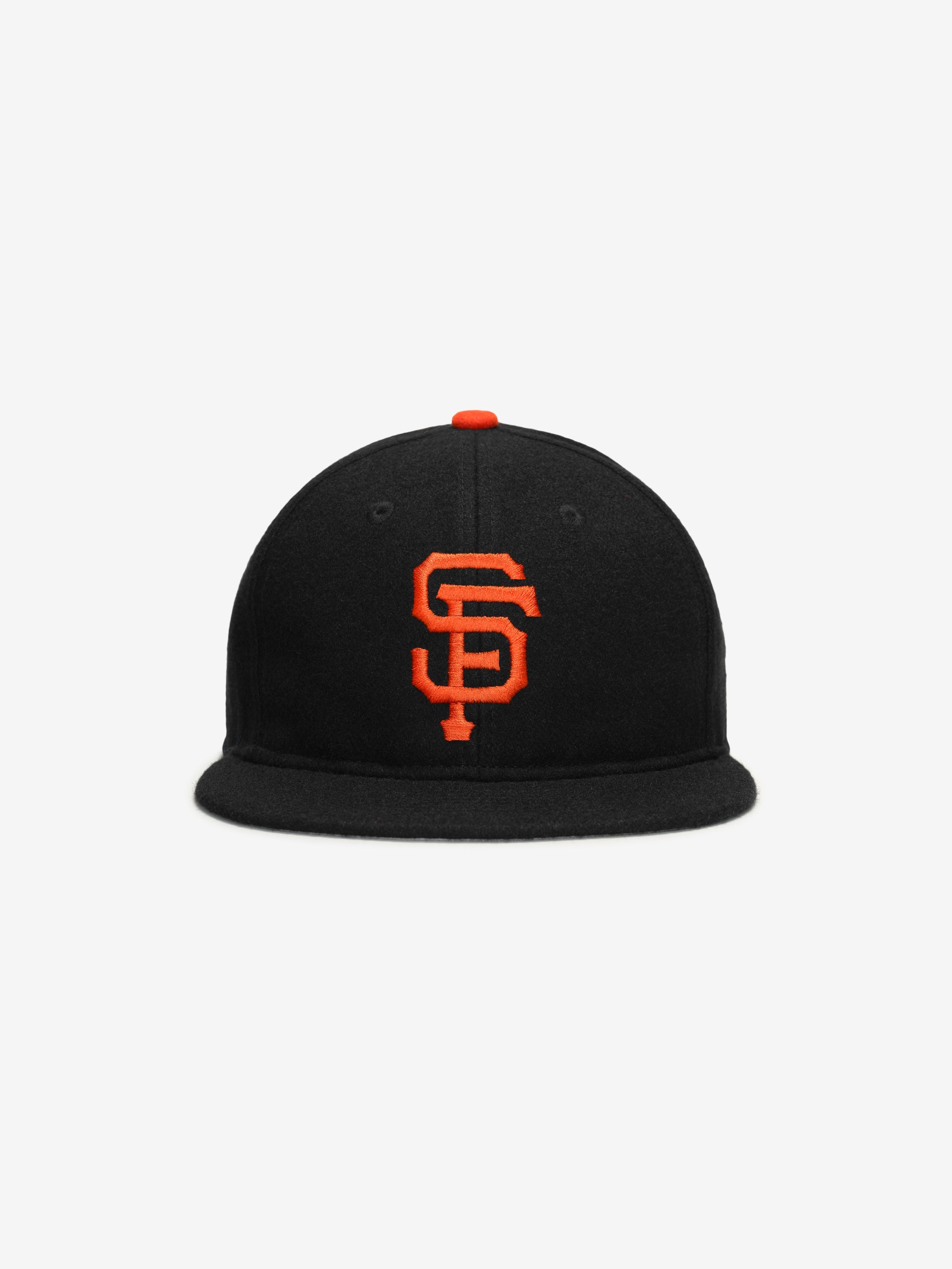Head-on view of black San Francisco Wool Retro Crown 59FIFTY fitted cap with bright orange SF logo and button top, gallery image 0