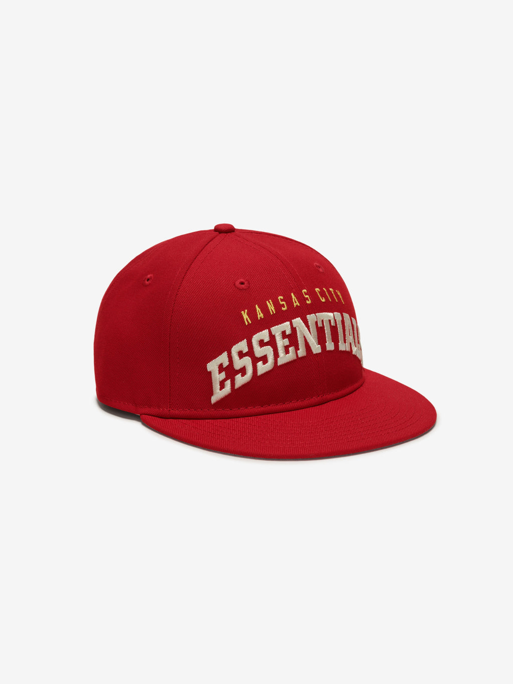 Angled front view of red Chiefs 9Fifty RC Snapback featuring curved Kansas City Essentials embroidery, gallery image 0