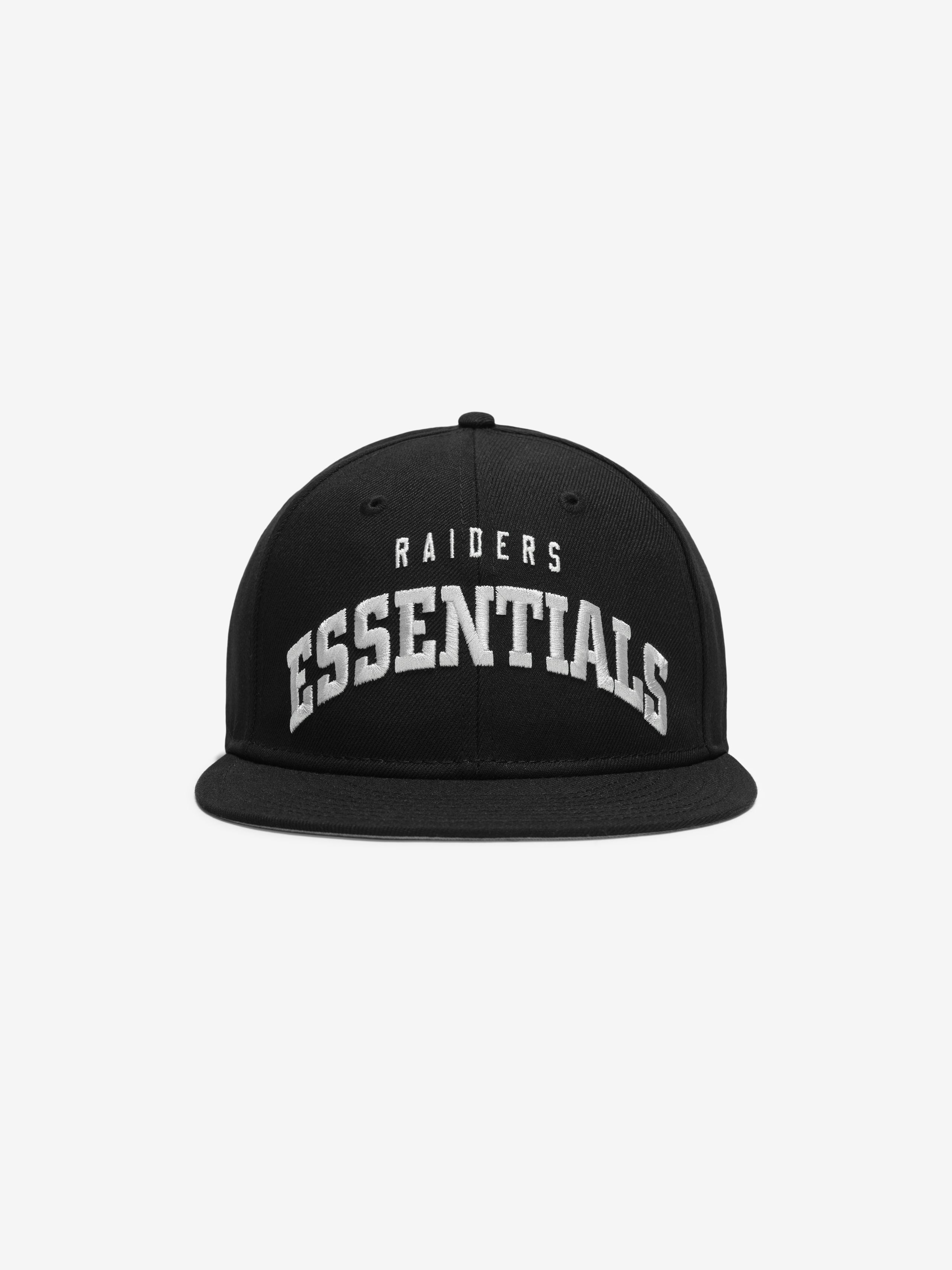 Straight-on front view of black Raiders 9Fifty RC Snapback with bold Essentials embroidery, gallery image 0