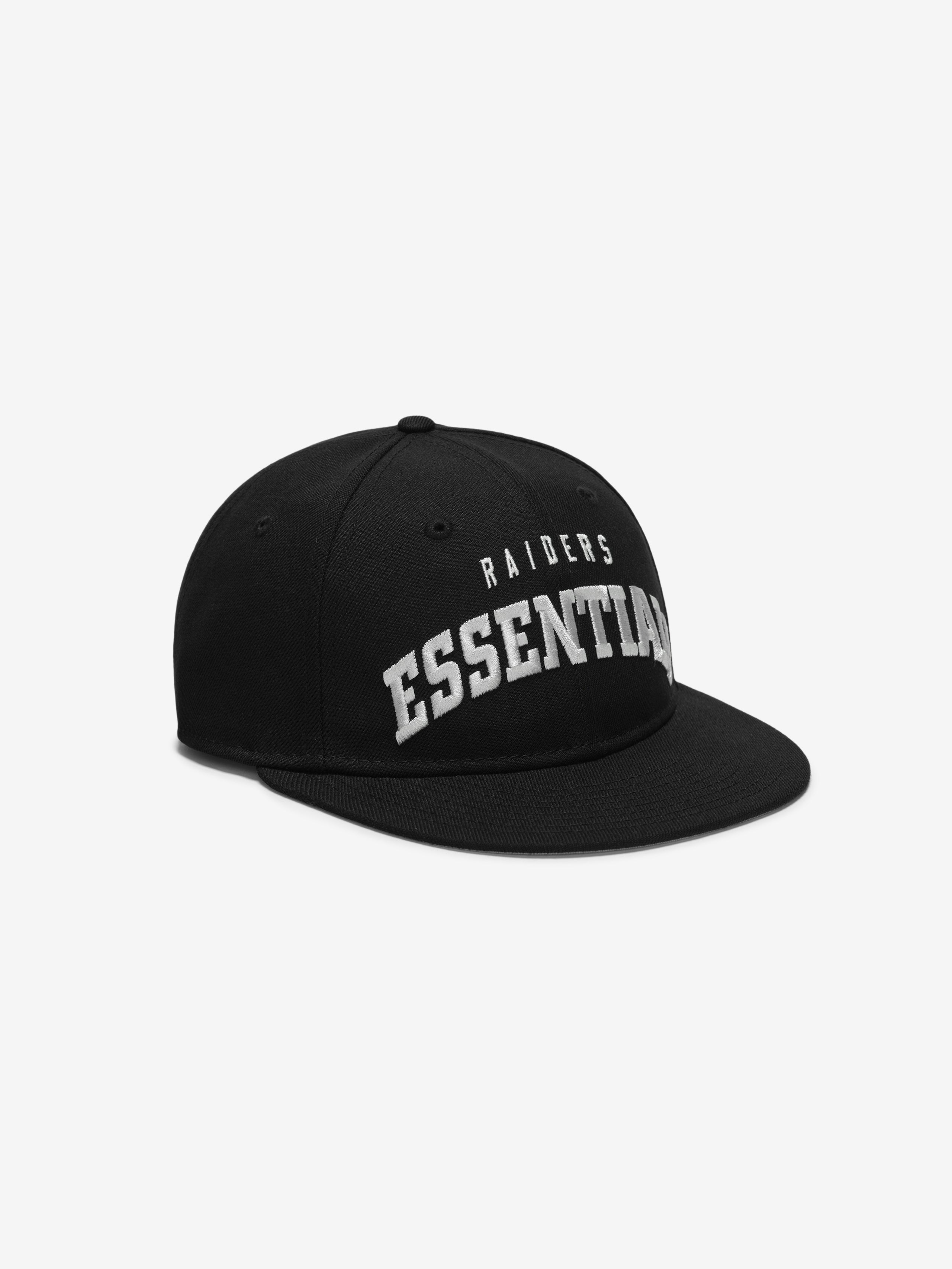 Angled front view of black Raiders 9Fifty RC Snapback featuring bold "Essential" and Raiders embroidery, gallery image 0
