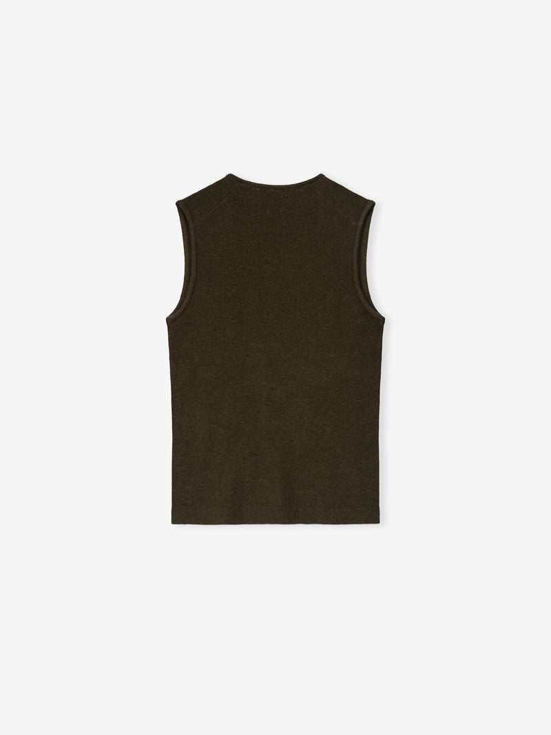Back view of a dark olive sleeveless ribbed tank top with a simple round neckline on a white background