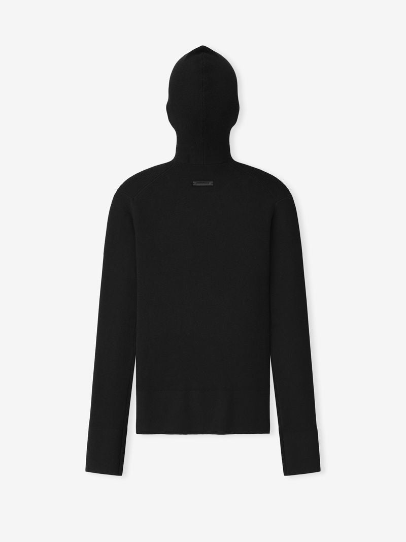 Back view of womens black ribbed long sleeve hooded top with fitted silhouette, product image GBrJRigw.jpg gallery 0