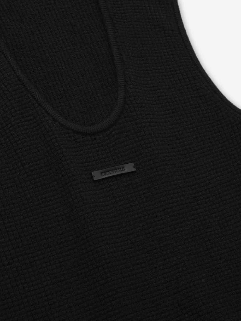 Close-up of black womens waffle tank showing scoop neckline and subtle rectangular logo patch GiYYgaKQ.jpg gallery 0