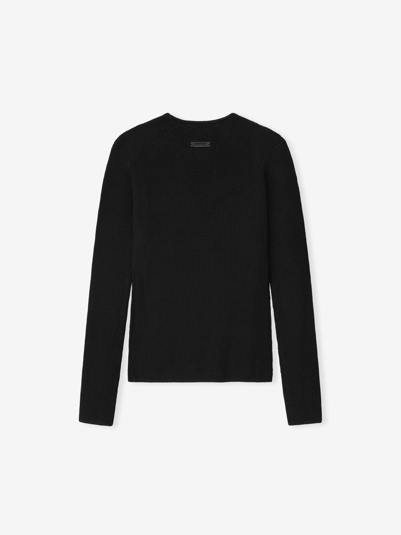 Back view of black womens waffle knit long sleeve top with subtle brand label H35uJZRg.jpg gallery 0