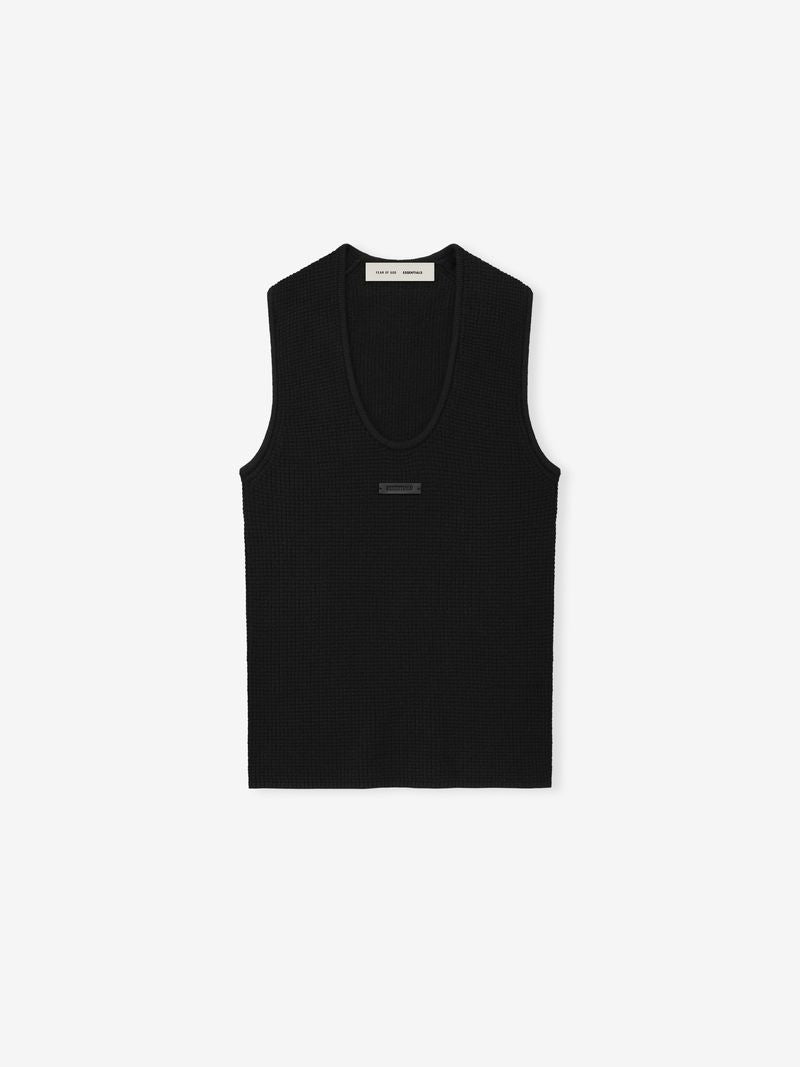 Front view of black womens waffle knit tank top with deep scoop neckline and small rectangular logo patch HDbTgqYg.jpg gallery 0