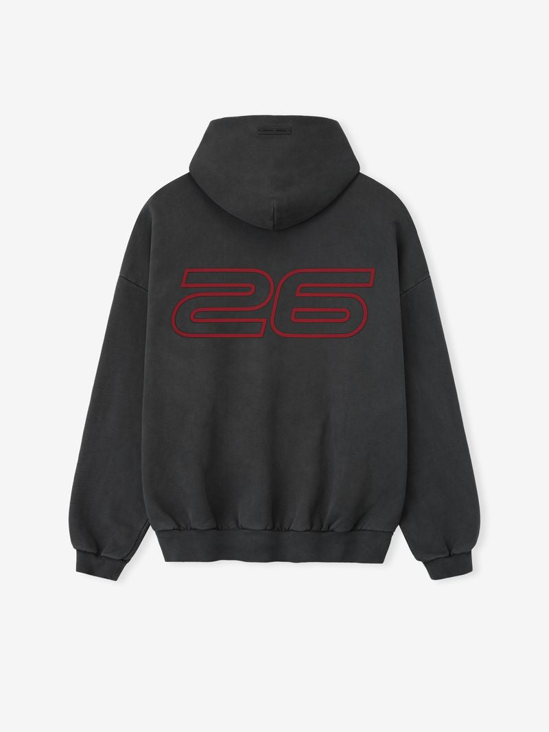 Black hoodie with red '26' logo on the back against a white background
