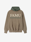 Front view of brown FAMU Sport Hoodie with green hood and large cream FAMU and green ESSENTIALS text, file ISosZsXA.jpg