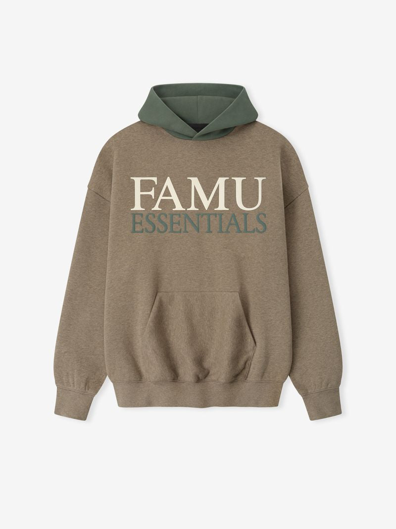 Front view of brown FAMU Sport Hoodie with green hood and large cream FAMU and green ESSENTIALS text, file ISosZsXA.jpg